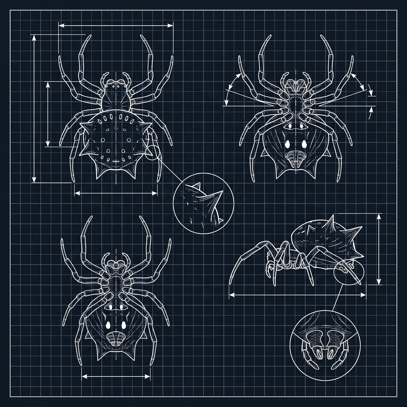 Dimensioned engineering drawing of a spiny orb-weaver spider, dorsal view, with section lines and callout references