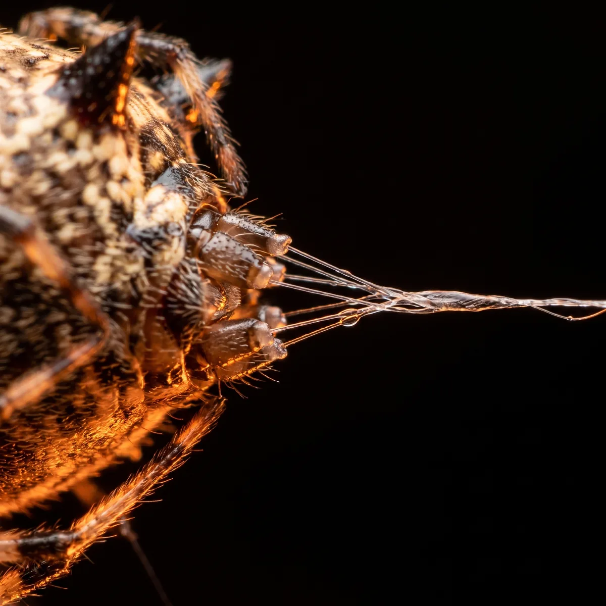 Close view of the spider's spinnerets drawing out a strand of silk