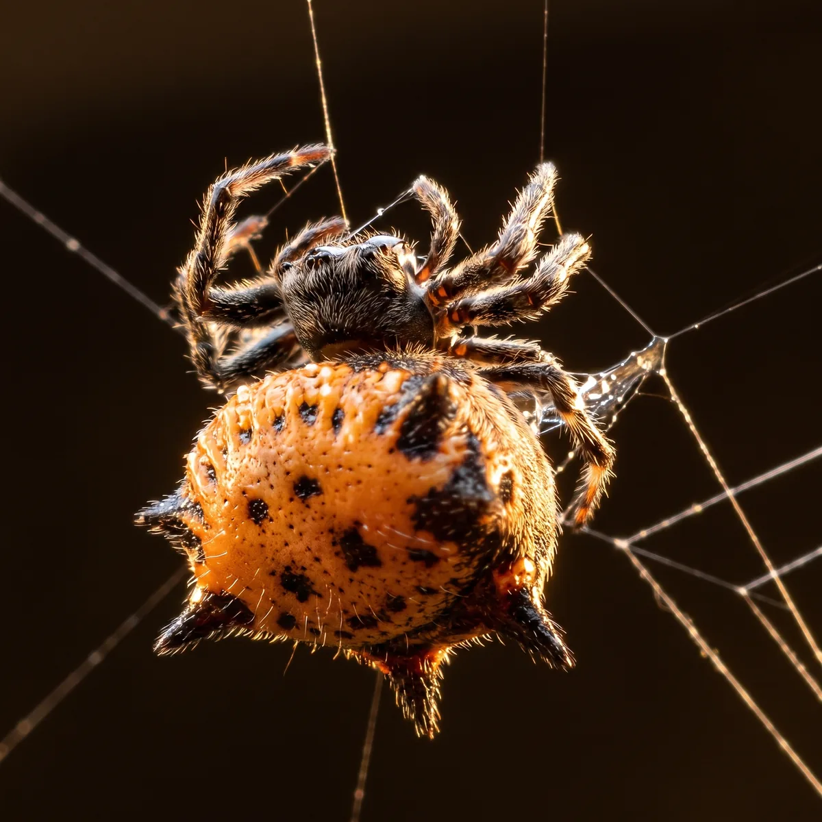 The orb web under construction at night, radial strands laid and the capture spiral in progress.